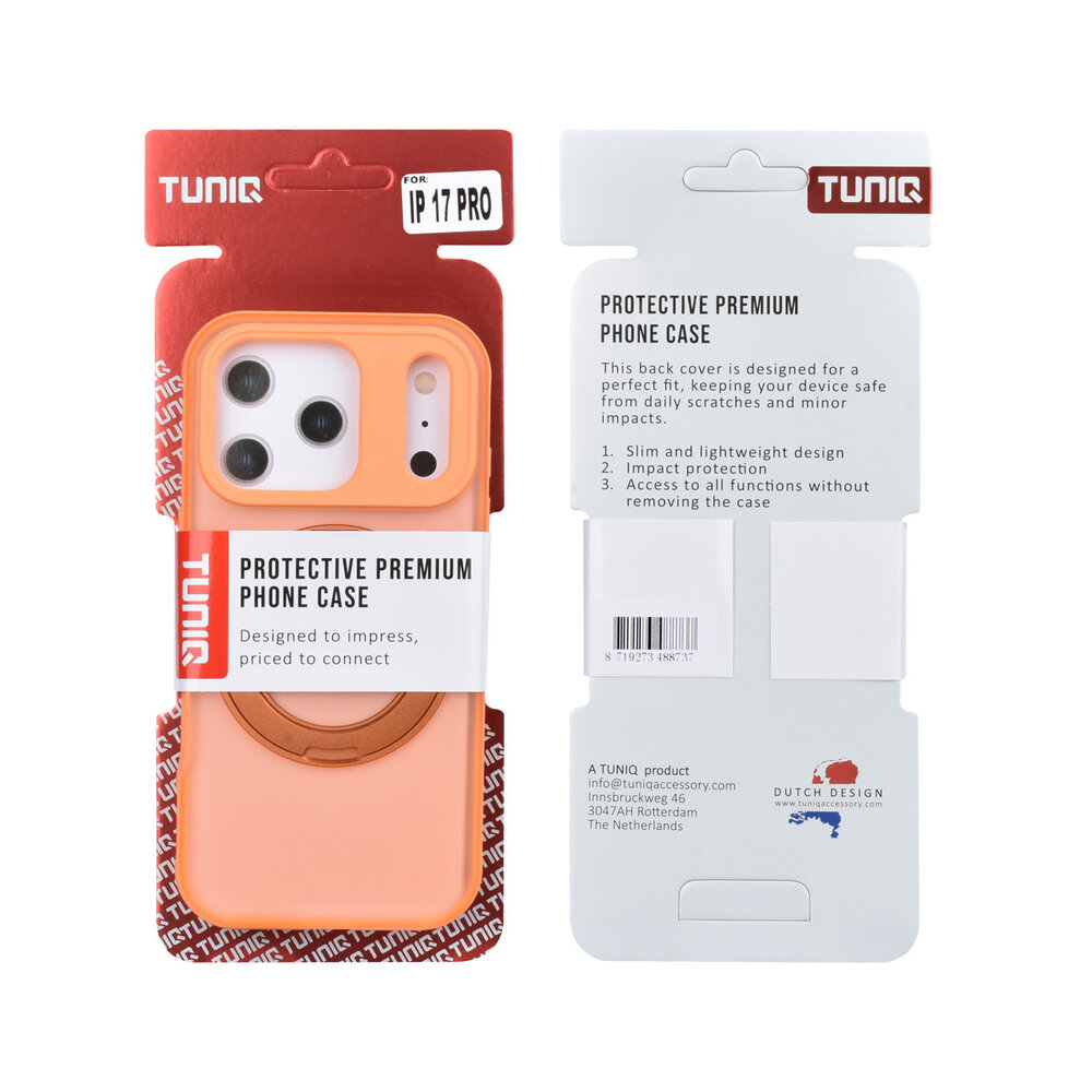 TUNIQ TUNIQ iPhone 17 Pro Back-Cover hul - 360 rotation stand MagSafe - Orange TUNIQ TUNIQ iPhone 17 Pro Back-Cover hul - 360 rotation stand MagSafe - Orange