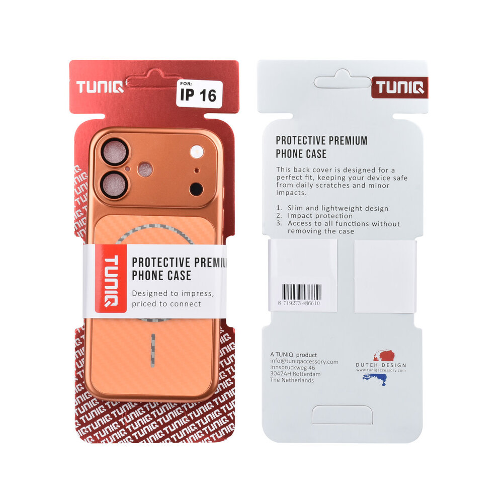 TUNIQ TUNIQ iPhone 16 Back cover coque - Magsafe With fiber pattern PC - Orange TUNIQ TUNIQ iPhone 16 Back cover coque - Magsafe With fiber pattern PC - Orange