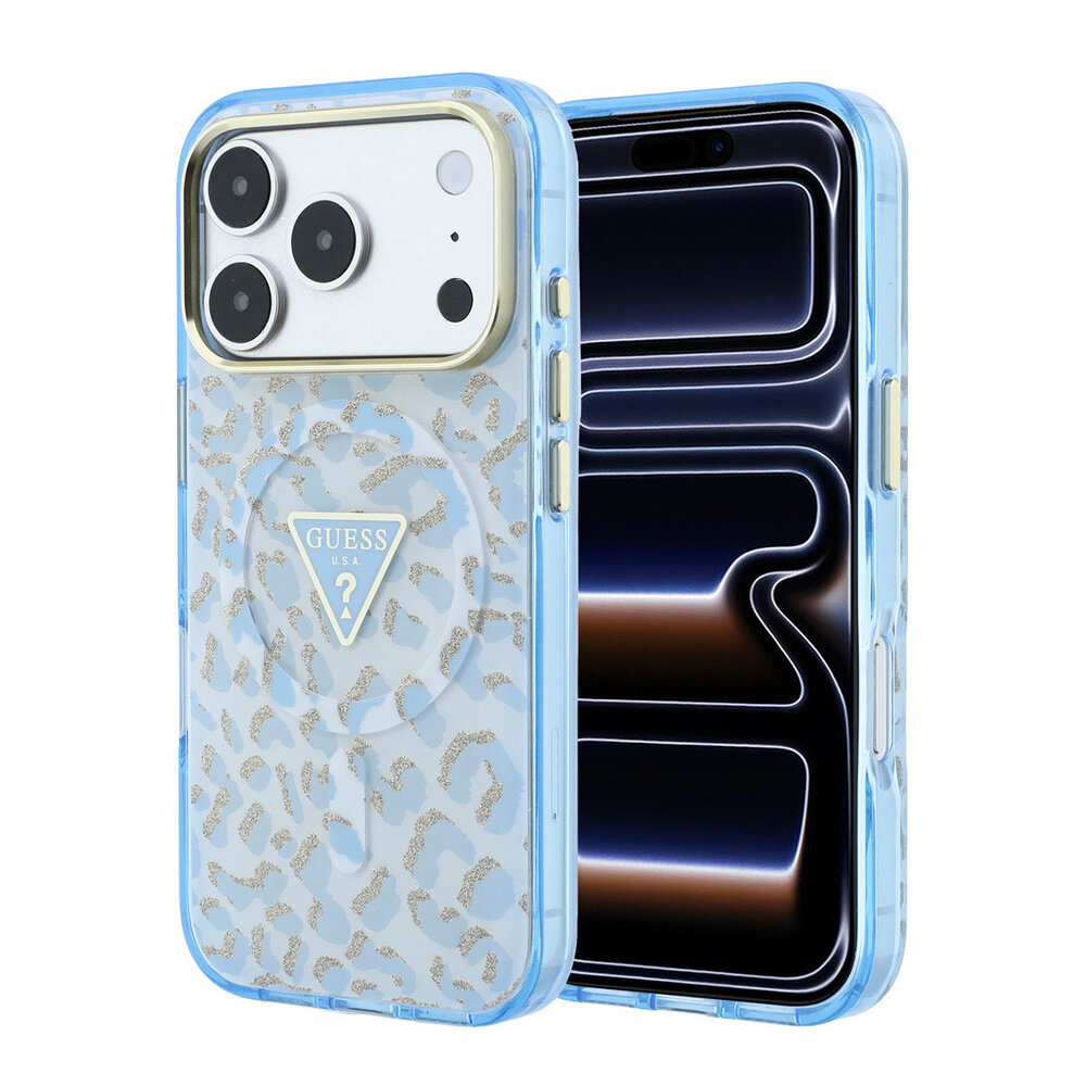 Guess Guess iPhone 18 Pro Back-Cover hul - HC Magsafe IML Leopard Glitter Triangle Logo - Hellblau Guess Guess iPhone 18 Pro Back-Cover hul - HC Magsafe IML Leopard Glitter Triangle Logo - Hellblau