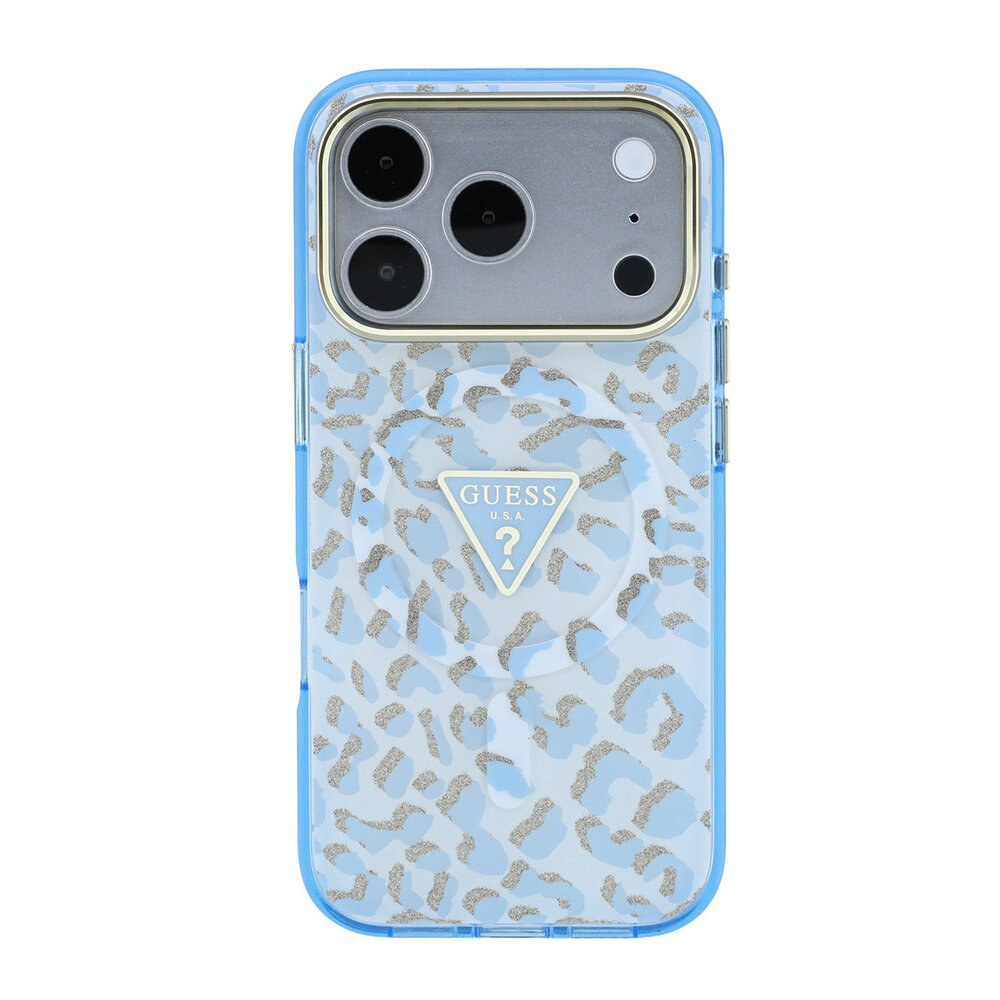 Guess Guess iPhone 18 Pro Back-Cover hul - HC Magsafe IML Leopard Glitter Triangle Logo - Hellblau Guess Guess iPhone 18 Pro Back-Cover hul - HC Magsafe IML Leopard Glitter Triangle Logo - Hellblau