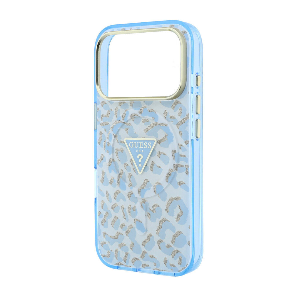 Guess Guess iPhone 18 Pro Back-Cover hul - HC Magsafe IML Leopard Glitter Triangle Logo - Hellblau Guess Guess iPhone 18 Pro Back-Cover hul - HC Magsafe IML Leopard Glitter Triangle Logo - Hellblau