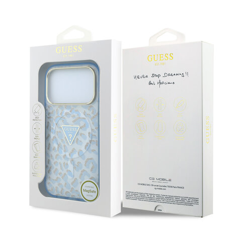 Guess Guess iPhone 18 Pro Back cover case - HC Magsafe IML Leopard Glitter Triangle Logo - Light Blue