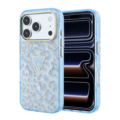 Guess Guess iPhone 18 Pro Max Back-Cover hul - HC Magsafe IML Leopard Glitter Triangle Logo - Hellblau Guess Guess iPhone 18 Pro Max Back-Cover hul - HC Magsafe IML Leopard Glitter Triangle Logo - Hellblau