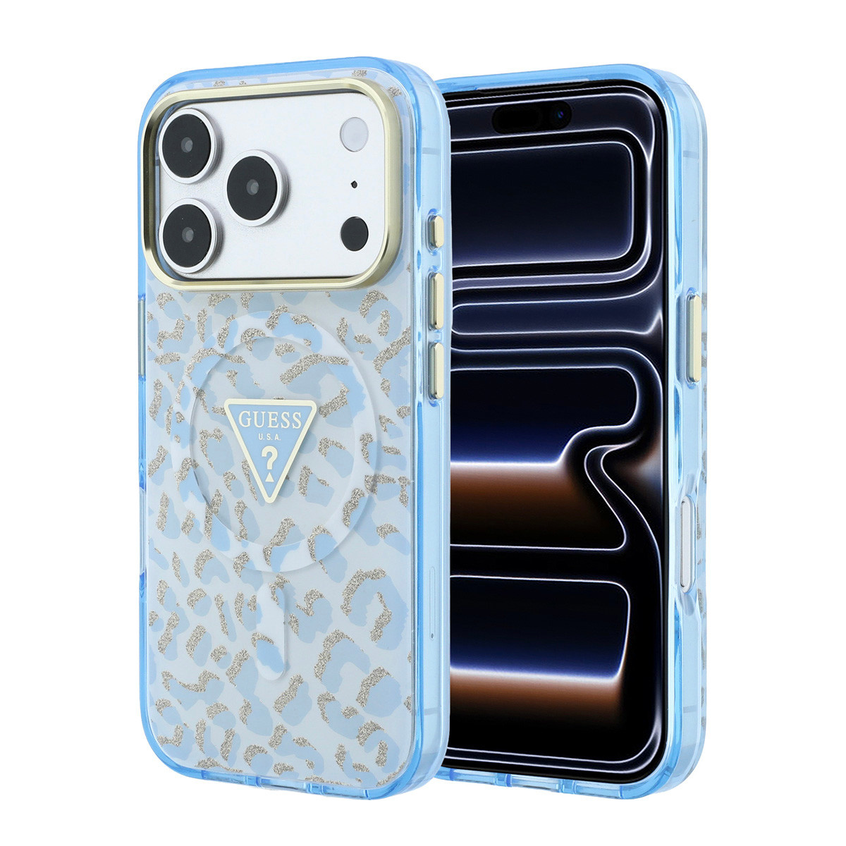 Guess Guess iPhone 18 Pro Max Backcover hoesje - HC Magsafe IML Leopard Glitter Triangle Logo - LichtBlauw