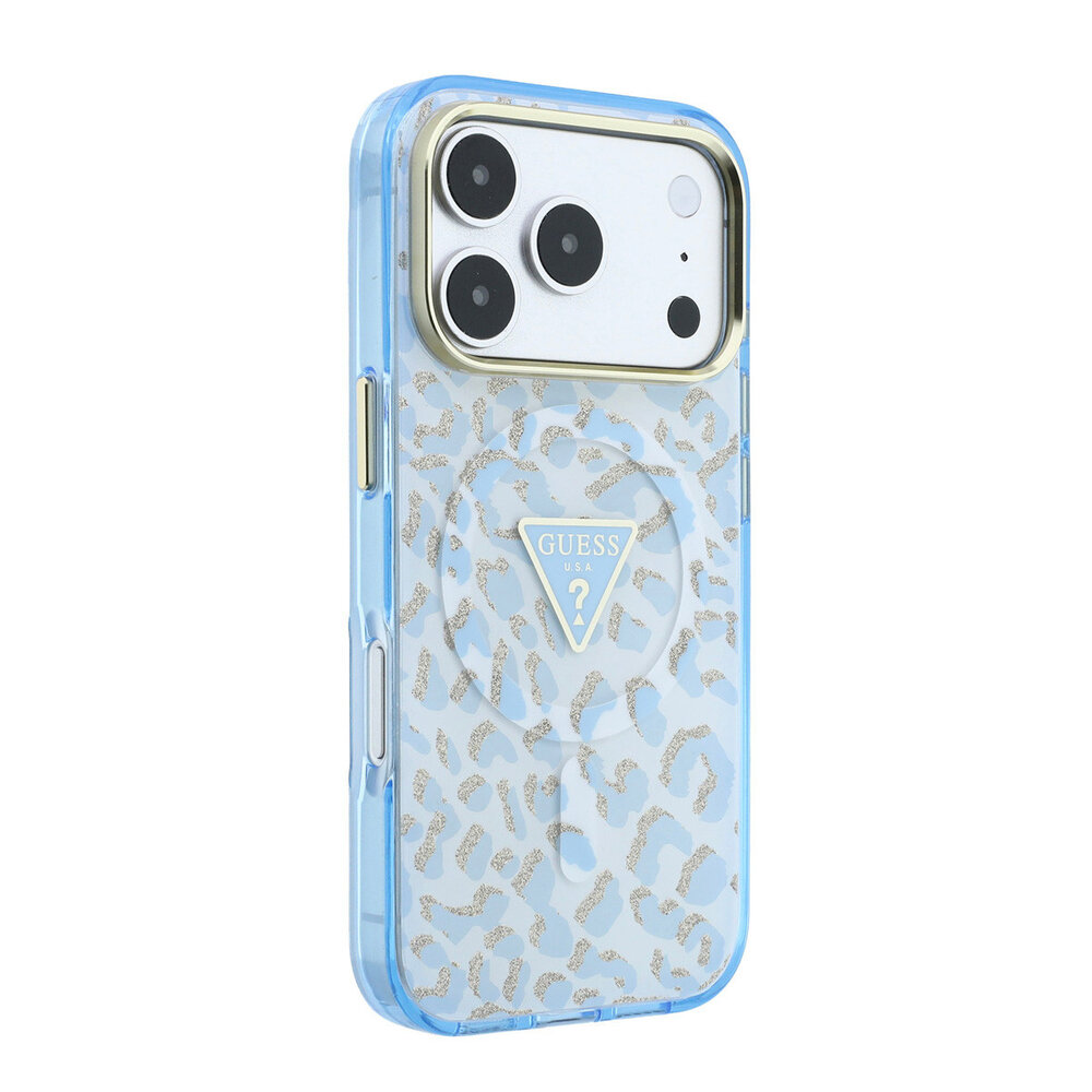Guess Guess iPhone 18 Pro Max Back-Cover hul - HC Magsafe IML Leopard Glitter Triangle Logo - Hellblau Guess Guess iPhone 18 Pro Max Back-Cover hul - HC Magsafe IML Leopard Glitter Triangle Logo - Hellblau