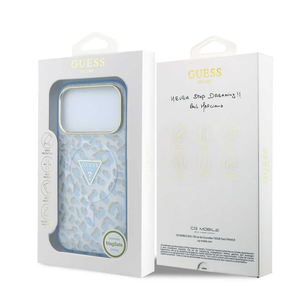 Guess Guess iPhone 18 Pro Max Back-Cover hul - HC Magsafe IML Leopard Glitter Triangle Logo - Hellblau Guess Guess iPhone 18 Pro Max Back-Cover hul - HC Magsafe IML Leopard Glitter Triangle Logo - Hellblau