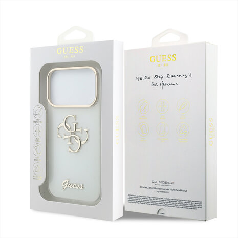 Guess Guess iPhone 18 Pro Back-Cover hul - HC IML 4G Script Metal - Weiß Guess Guess iPhone 18 Pro Back-Cover hul - HC IML 4G Script Metal - Weiß