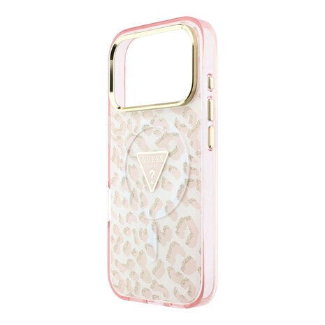 Guess Guess iPhone 18 Pro Back-Cover hul - HC Magsafe IML Leopard Glitter Triangle Logo - Rosa Guess Guess iPhone 18 Pro Back-Cover hul - HC Magsafe IML Leopard Glitter Triangle Logo - Rosa