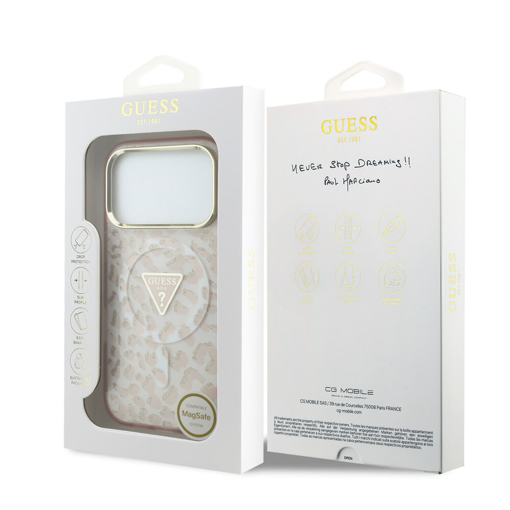 Guess Guess iPhone 18 Pro Max Back-Cover hul - HC Magsafe IML Leopard Glitter Triangle Logo - Rosa Guess Guess iPhone 18 Pro Max Back-Cover hul - HC Magsafe IML Leopard Glitter Triangle Logo - Rosa