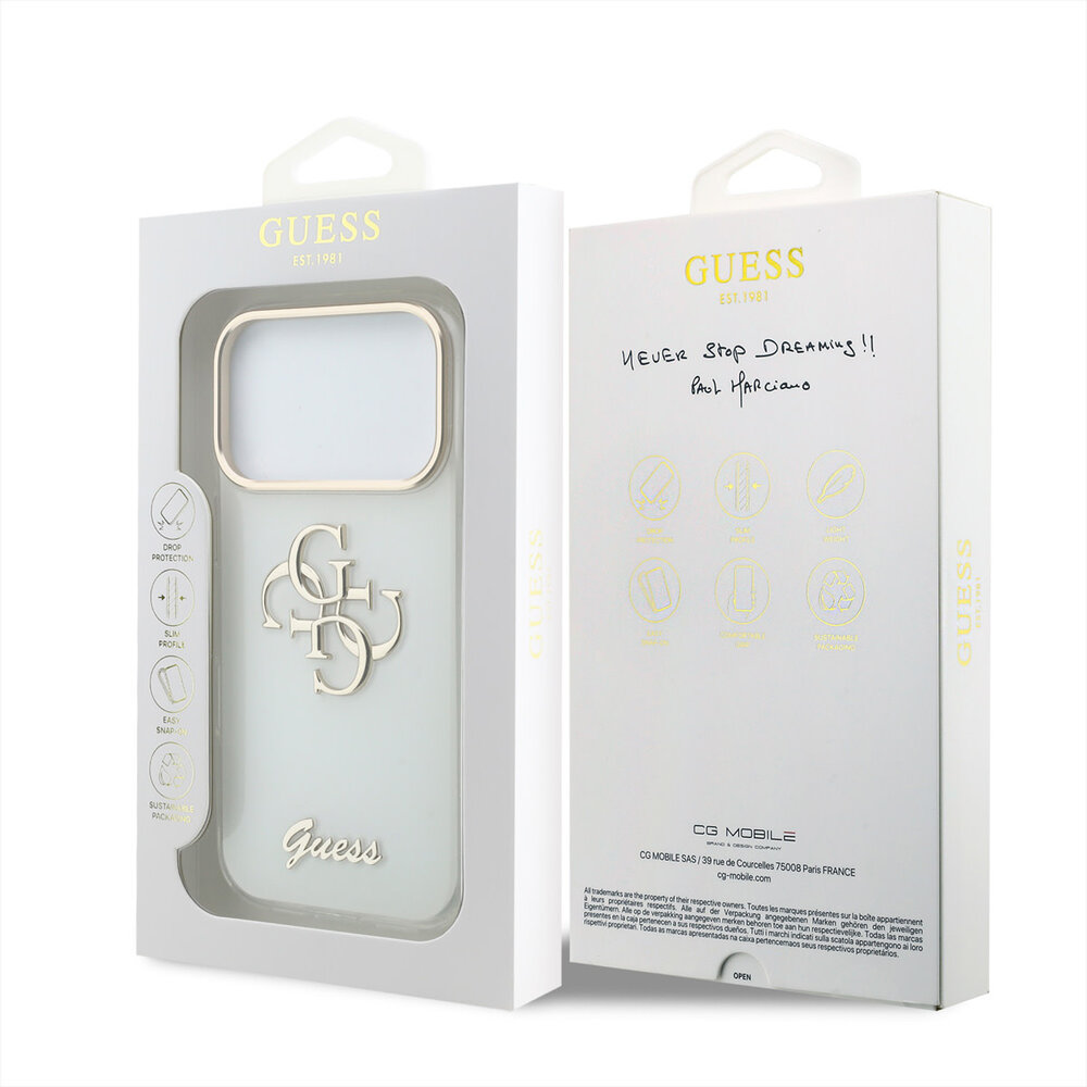 Guess Guess iPhone 18 Pro Max Back-Cover hul - HC IML 4G Script Metal - Weiß Guess Guess iPhone 18 Pro Max Back-Cover hul - HC IML 4G Script Metal - Weiß