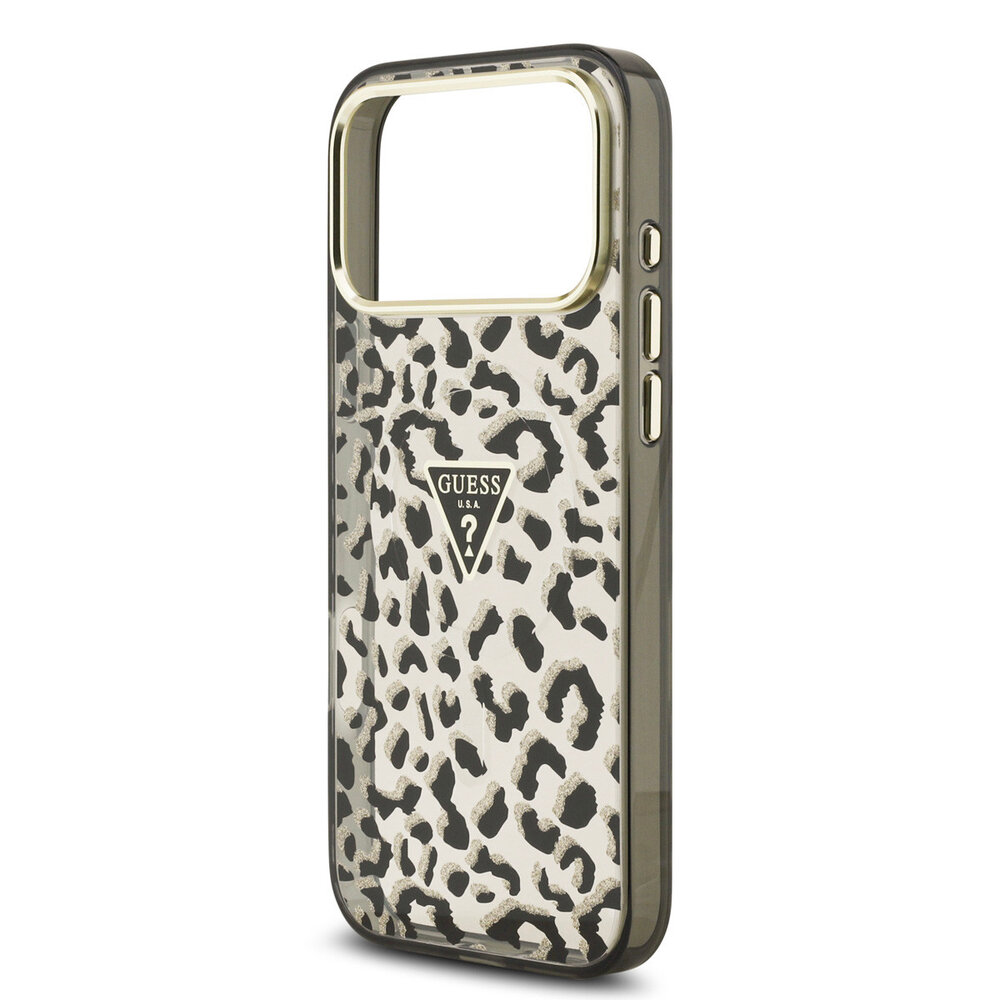 Guess Guess iPhone 18 Pro Max Backcover hoesje - HC Magsafe IML Leopard Glitter Triangle Logo - Zwart Guess Guess iPhone 18 Pro Max Backcover hoesje - HC Magsafe IML Leopard Glitter Triangle Logo - Zwart
