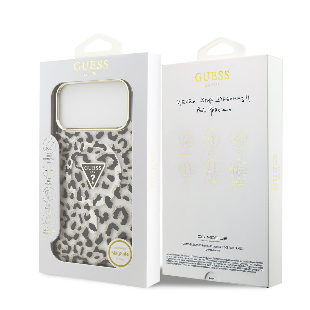 Guess Guess iPhone 18 Pro Max Back cover case - HC Magsafe IML Leopard Glitter Triangle Logo - Black Guess Guess iPhone 18 Pro Max Back cover case - HC Magsafe IML Leopard Glitter Triangle Logo - Black