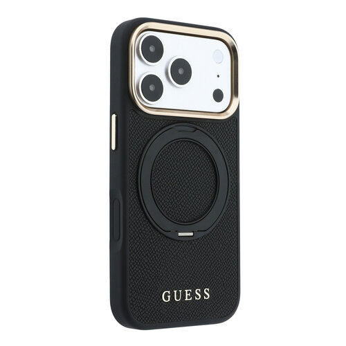 Guess Guess iPhone 18 Pro Max/iPhone 17 Pro Max Hartschalenhülle MagSafe Genarbtes PU 360° Ringständer Klassisches Logo - Schwarz