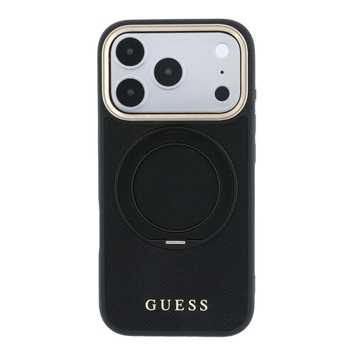 Guess Guess iPhone 18 Pro Max/iPhone 17 Pro Max Hartschalenhülle MagSafe Genarbtes PU 360° Ringständer Klassisches Logo - Schwarz