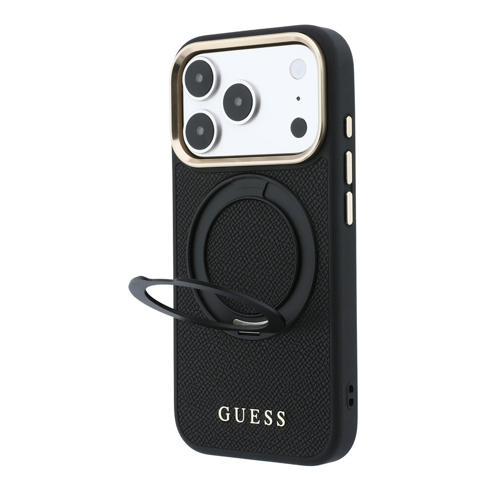Guess Guess iPhone 18 Pro Max Back-Cover hul - HC Magsafe Ring Stand 360 Grained PU Classic Logo - Schwarz