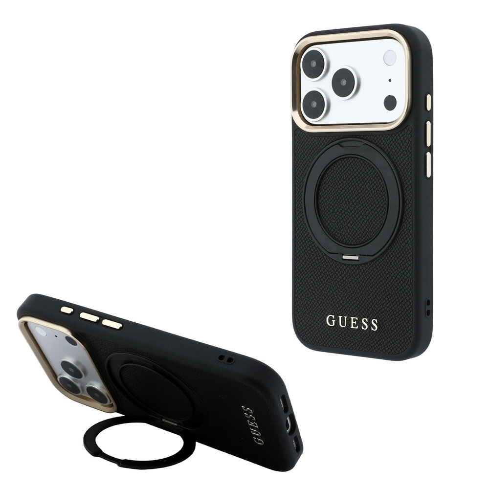 Guess Guess iPhone 18 Pro Max Back cover case - HC Magsafe Ring Stand 360 Grained PU Classic Logo - Black