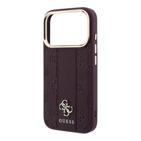 Guess Guess iPhone 18 Pro Backcover hoesje - HC Magsafe PU Stripe HS Peony 4G Logo - Burgundy Guess Guess iPhone 18 Pro Backcover hoesje - HC Magsafe PU Stripe HS Peony 4G Logo - Burgundy