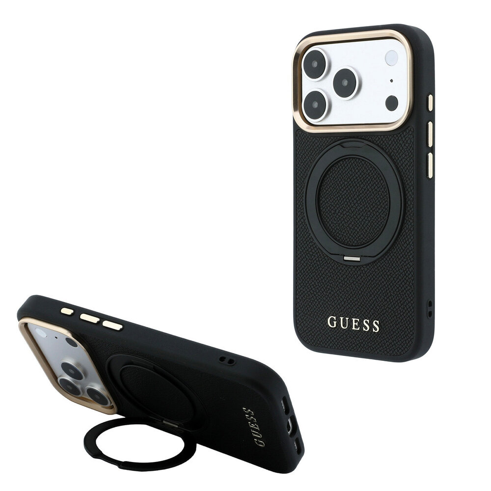 Guess Guess iPhone 18 Pro Max Back cover case - HC Magsafe Ring Stand 360 Grained PU Classic Logo - Black