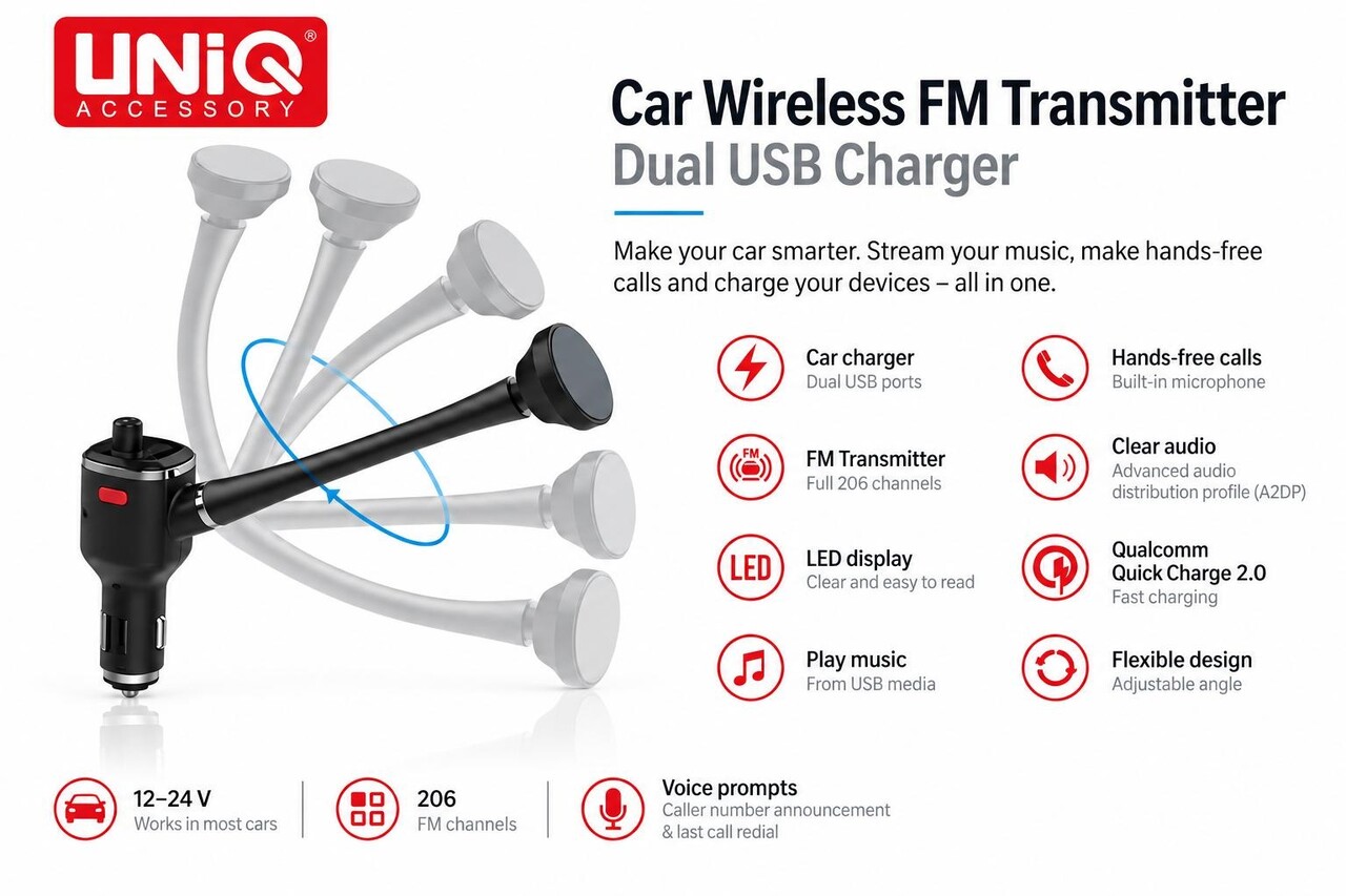 UNIQ Accessory FM Transmitter and car charger - long arm - from UNIQ Accessory - Black UNIQ Accessory FM Transmitter and car charger - long arm - from UNIQ Accessory - Black