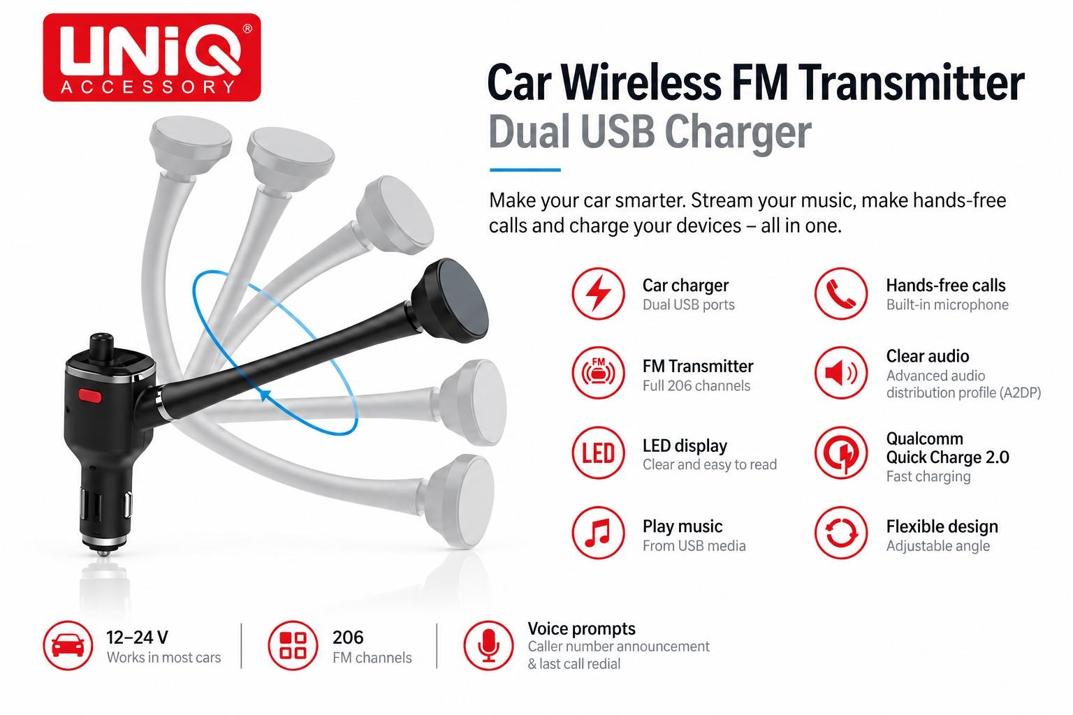 UNIQ Accessory FM Transmitter en autolader - lange arm - van UNIQ Accessory - Zwart