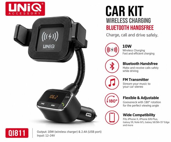 UNIQ Accessory UNIQ Accessory Bluetooth FM Transmitter, Autohouder + Draadloze Oplader - Black