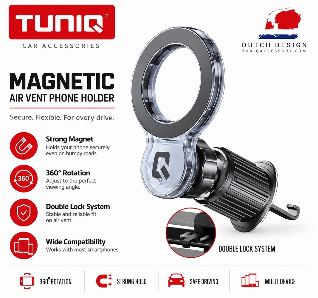 TUNIQ TUNIQ Magnetische ventilatierooster Telefoonhouder - Magsafe Compatible - Double lock - Zwart TUNIQ TUNIQ Magnetische ventilatierooster Telefoonhouder - Magsafe Compatible - Double lock - Zwart