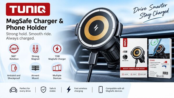 TUNIQ TUNIQ 2 in 1 Telefoonhouder auto magsafe charger & phone holder - air vents - Zwart TUNIQ TUNIQ 2 in 1 Telefoonhouder auto magsafe charger & phone holder - air vents - Zwart