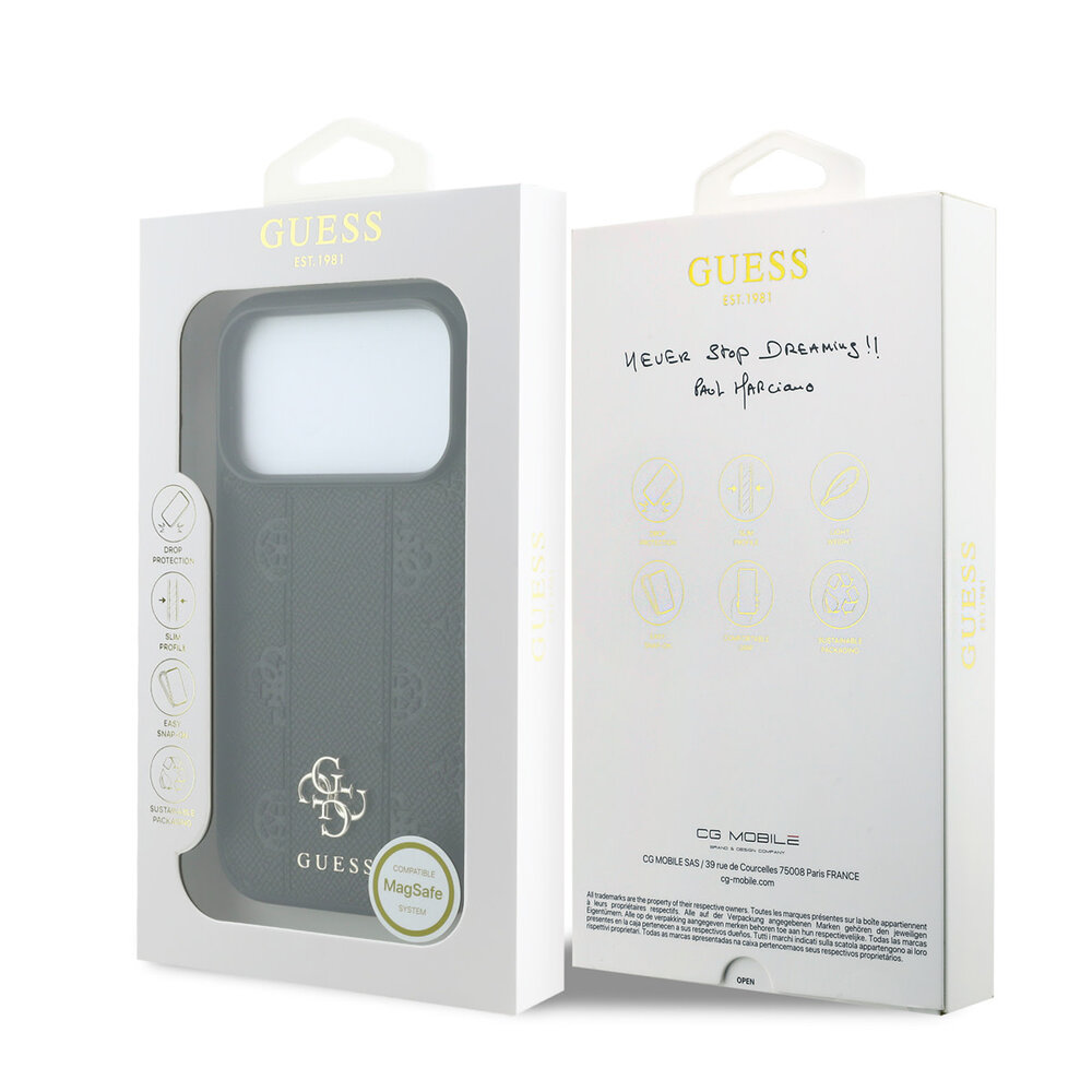Guess Guess iPhone 18 Pro Hoesje - MagSafe - PU - streeppatroon - harde behuizing - Peony 4G-logo - Zwart Guess Guess iPhone 18 Pro Hoesje - MagSafe - PU - streeppatroon - harde behuizing - Peony 4G-logo - Zwart