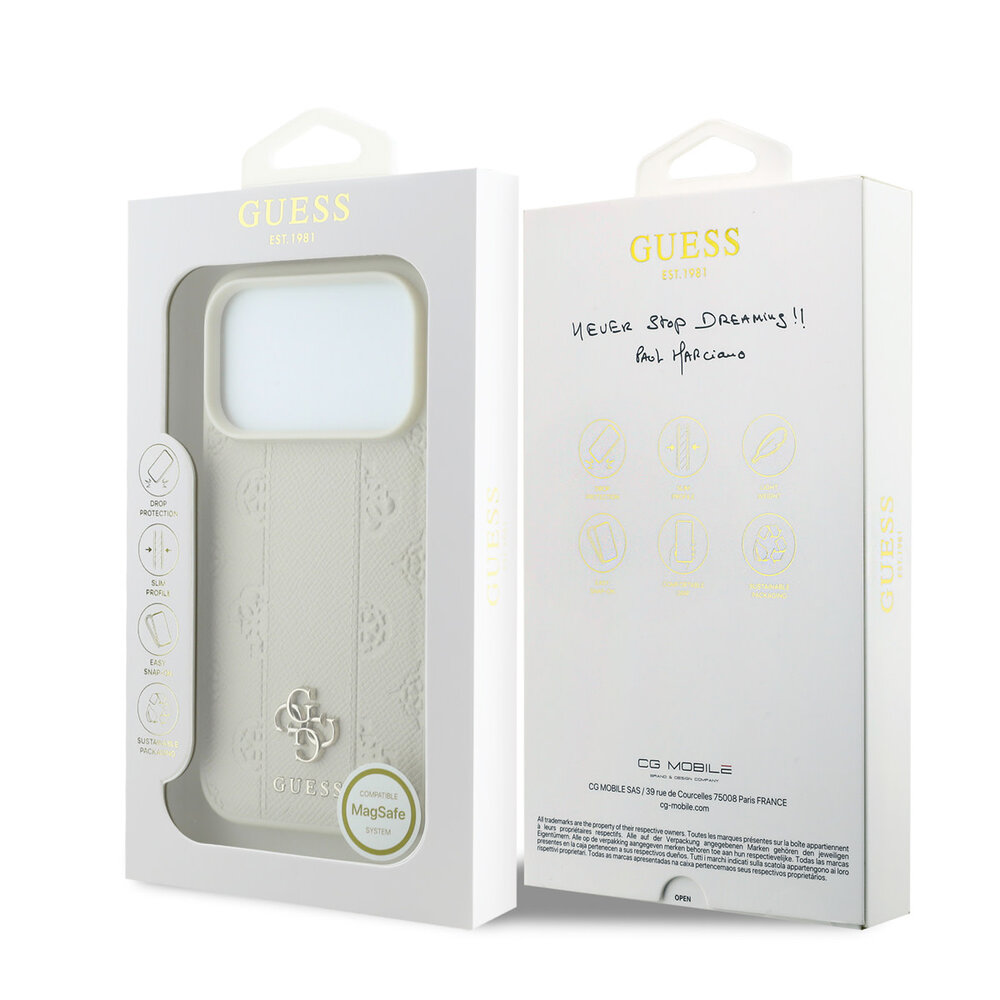 Guess Guess iPhone 18 Pro Hoesje MagSafe - PU - streeppatroon - harde behuizing - Peony 4G-logo Beige Guess Guess iPhone 18 Pro Hoesje MagSafe - PU - streeppatroon - harde behuizing - Peony 4G-logo Beige