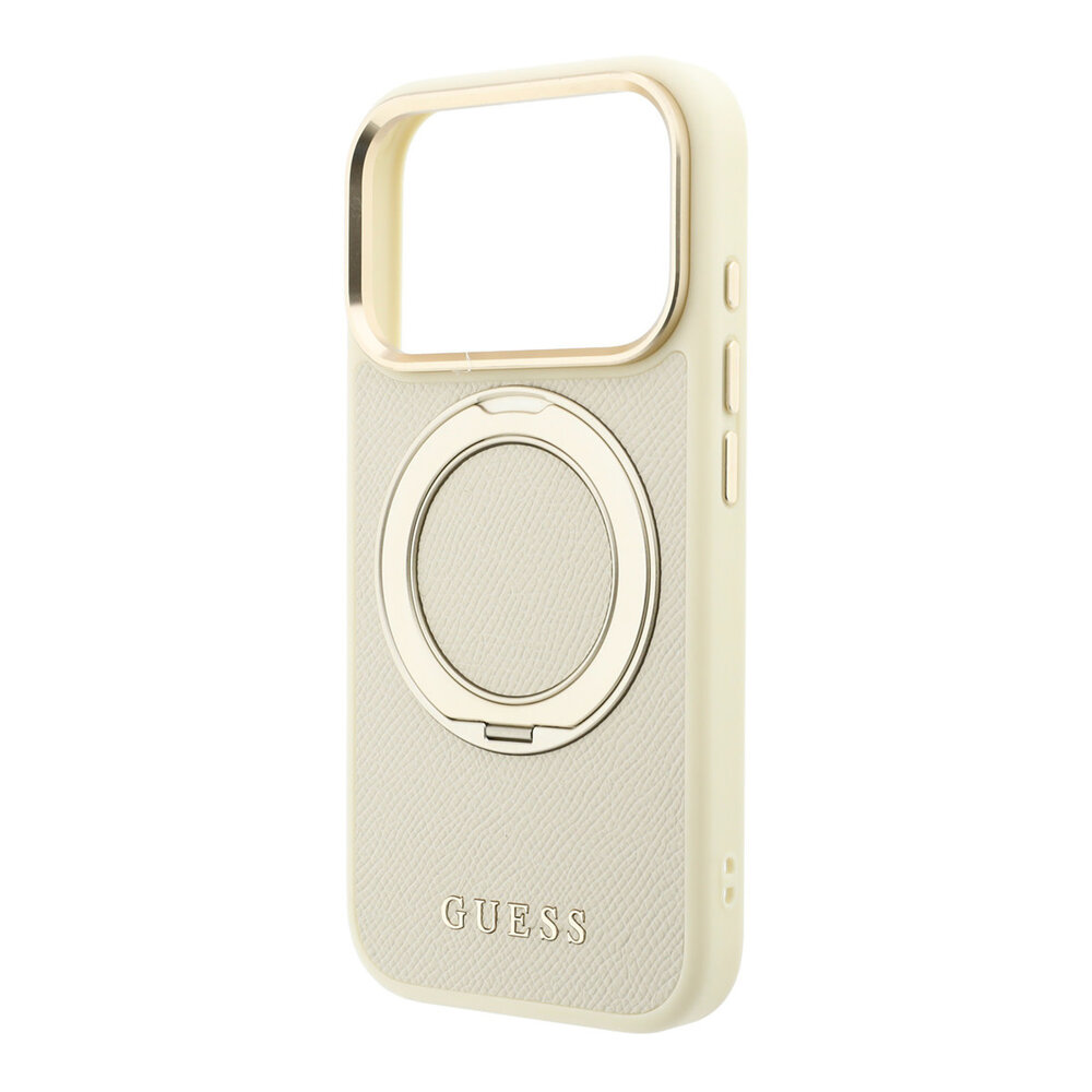 Guess Guess iPhone 18 Pro Max Hoesje harde behuizing - MagSafe - ringstandaard 360 - generfd PU - klassiek logo Beige Guess Guess iPhone 18 Pro Max Hoesje harde behuizing - MagSafe - ringstandaard 360 - generfd PU - klassiek logo Beige