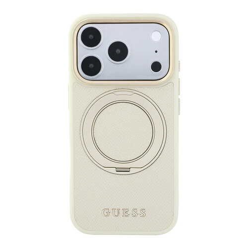 Guess Guess iPhone 18 Pro/iPhone 17 Pro Hartschalenhülle MagSafe Genarbtes PU 360° Ringständer Klassisches Logo - Beige