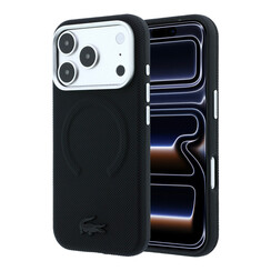 Lacoste iPhone 18 Pro/iPhone 17 Pro Coque rigide - MagSafe - PVC - Petit Piqué - Finition en relief - Noir