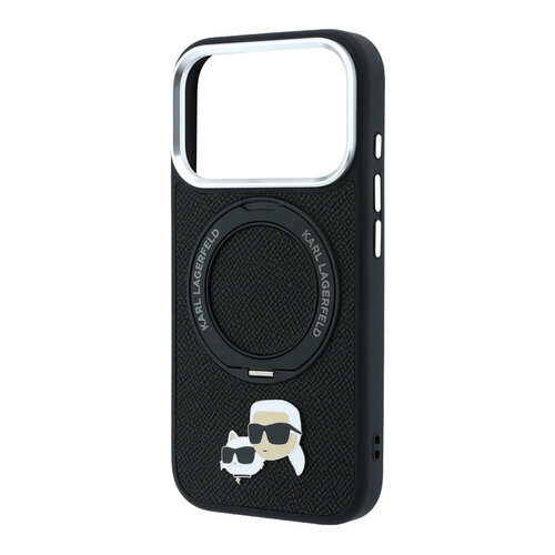 Karl Lagerfeld Karl Lagerfeld iPhone 18 Pro/iPhone 17 Pro Hartschalenhülle MagSafe PU 360° Ringständer KC Heads-Anstecker - Schwarz