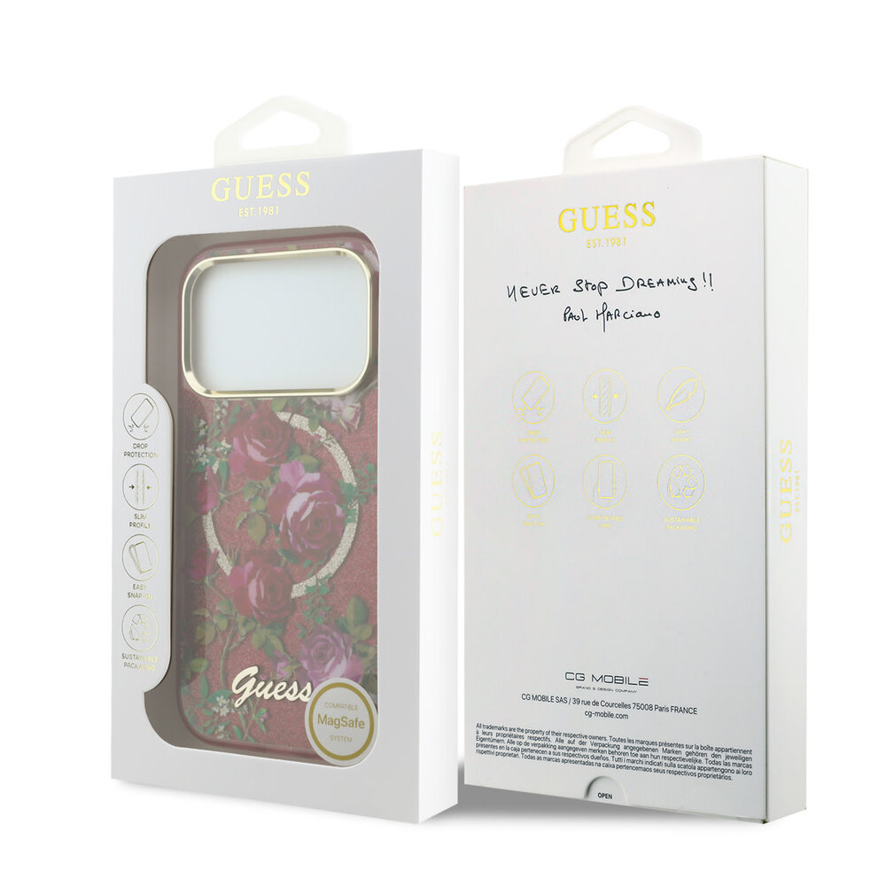 Guess Guess iPhone 18 Pro Coque structure rigide - MagSafe - IML - paillettes - Blossom Roses Bordeaux Guess Guess iPhone 18 Pro Coque structure rigide - MagSafe - IML - paillettes - Blossom Roses Bordeaux