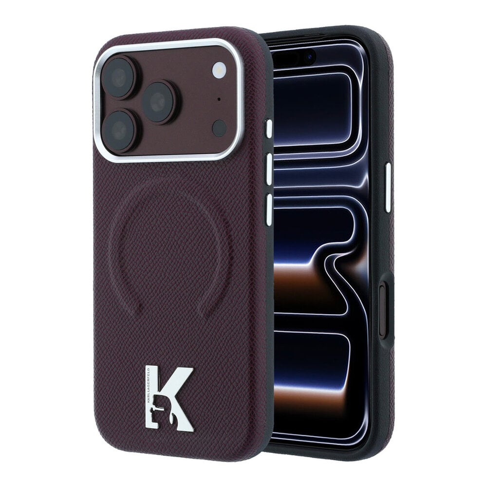 Karl Lagerfeld Karl iPhone 18 Pro Hoesje harde behuizing - MagSafe - SW - generfd PU - ring in reliëf - Kameo-logo Bordeauxrood Karl Lagerfeld Karl iPhone 18 Pro Hoesje harde behuizing - MagSafe - SW - generfd PU - ring in reliëf - Kameo-logo Bordeauxrood