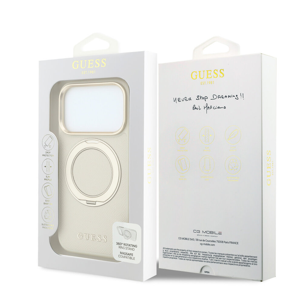 Guess Guess iPhone 18 Pro Max Hoesje harde behuizing - MagSafe - ringstandaard 360 - generfd PU - klassiek logo Beige Guess Guess iPhone 18 Pro Max Hoesje harde behuizing - MagSafe - ringstandaard 360 - generfd PU - klassiek logo Beige