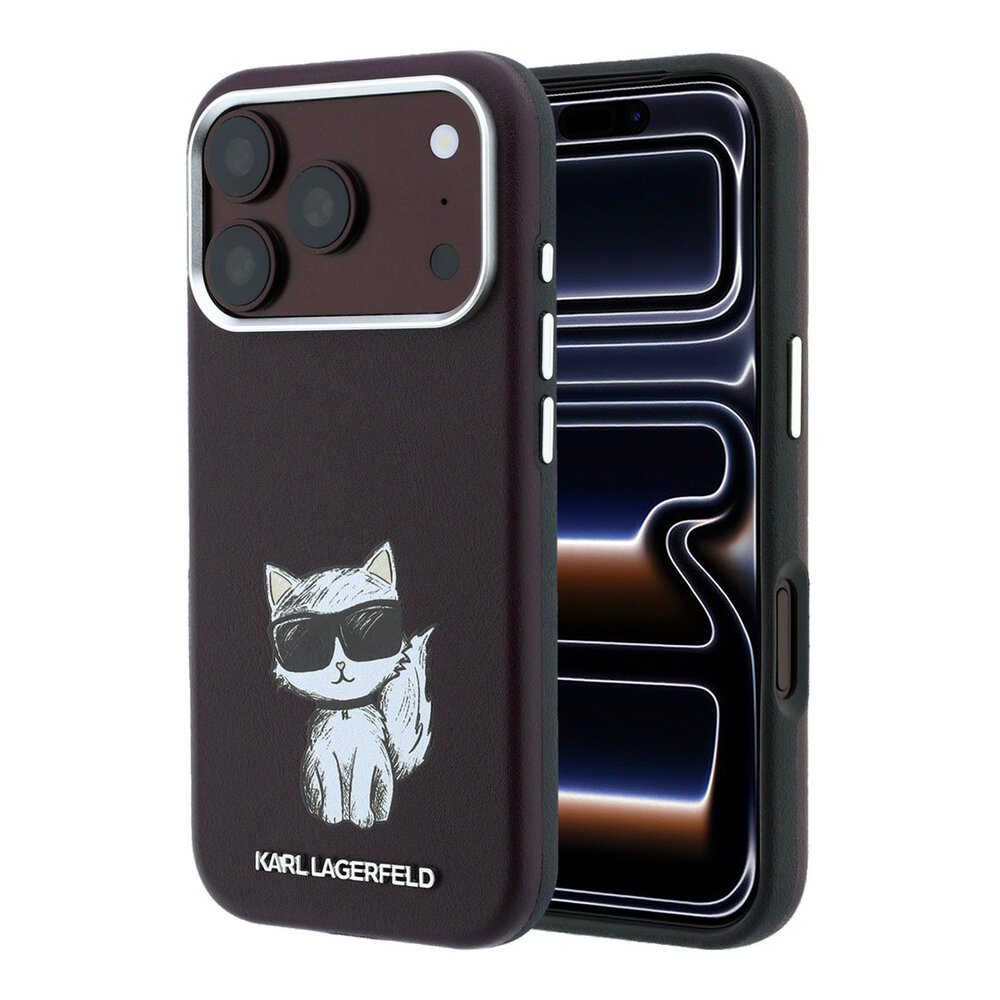 Karl Lagerfeld Karl iPhone 18 Pro Max Hülle Hartschale - MagSafe - SW - glattes PU - Choupette Sketch Bordeauxrot