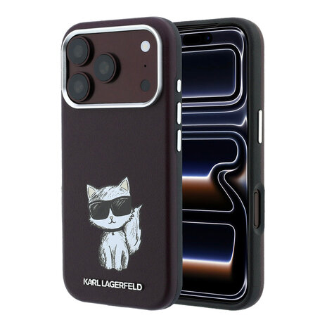 Karl Lagerfeld Karl iPhone 18 Pro Max Hülle Hartschale - MagSafe - SW - glattes PU - Choupette Sketch Bordeauxrot
