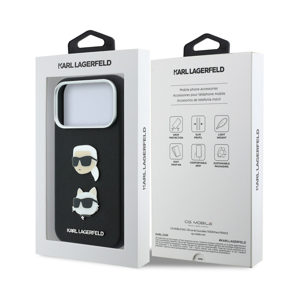 Karl Lagerfeld Karl iPhone 18 Pro Max Hoesje harde behuizing - SW - PU - Saffiano - K&C Heads-pins - logo Zwart