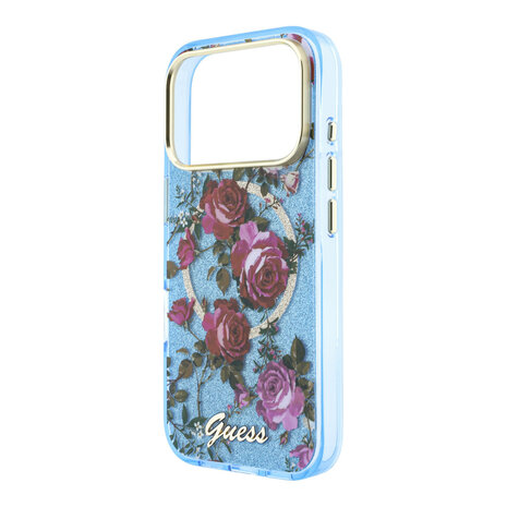 Guess Guess iPhone 18 Pro Hülle Hartschale - MagSafe - IML - Glitzer - Blossom Roses Hellblau