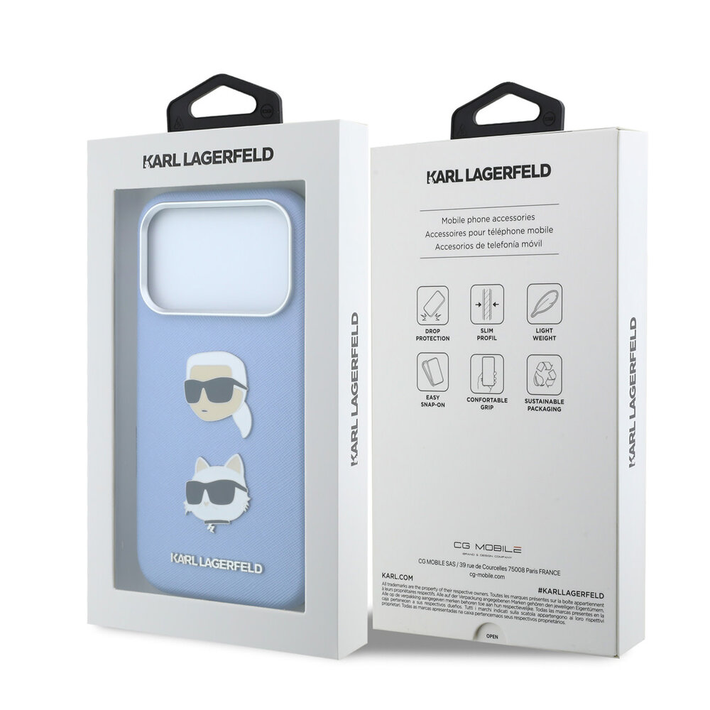 Karl Lagerfeld Karl iPhone 18 Pro Max Hoesje harde behuizing - SW - PU - Saffiano - K&C Heads-pins - logo Lichtblauw Karl Lagerfeld Karl iPhone 18 Pro Max Hoesje harde behuizing - SW - PU - Saffiano - K&C Heads-pins - logo Lichtblauw