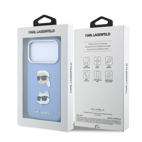 Karl Lagerfeld Karl iPhone 18 Pro Max Hülle Hartschale - SW - PU - Saffiano - K&C Heads-Anstecker - Logo Hellblau