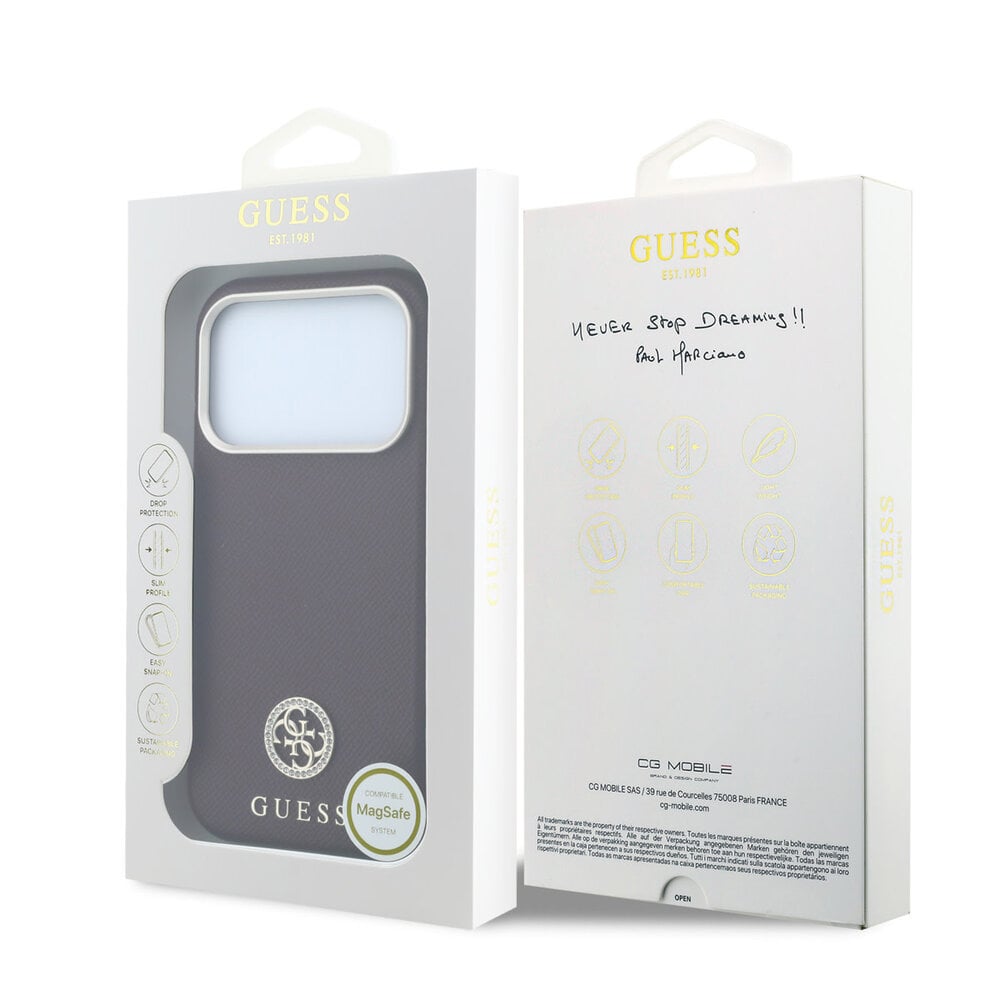 Guess Guess iPhone 18 Pro Hoesje harde behuizing - MagSafe - SW - generfd PU - rond strasslogo Bordeauxrood Guess Guess iPhone 18 Pro Hoesje harde behuizing - MagSafe - SW - generfd PU - rond strasslogo Bordeauxrood