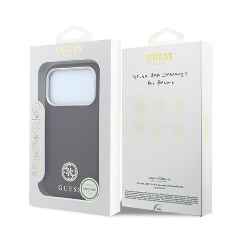 Guess Guess iPhone 18 Pro Case hard shell - MagSafe - SW - grained PU - round rhinestone logo Burgundy Guess Guess iPhone 18 Pro Case hard shell - MagSafe - SW - grained PU - round rhinestone logo Burgundy
