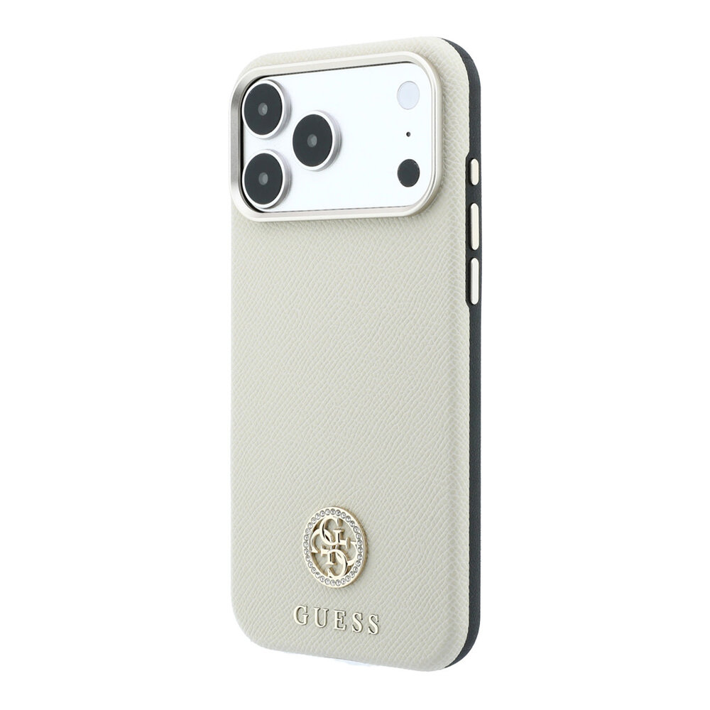 Guess Guess iPhone 18 Pro Case hard shell - MagSafe - SW - grained PU - round rhinestone logo Beige