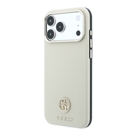 Guess Guess iPhone 18 Pro Hülle Hartschale - MagSafe - SW - genarbtes PU - rundes Strasslogo Beige