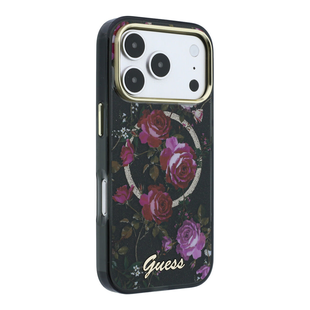 Guess Guess iPhone 18 Pro Max Hülle Hartschale - MagSafe - IML - Glitzer - Blossom Roses Schwarz