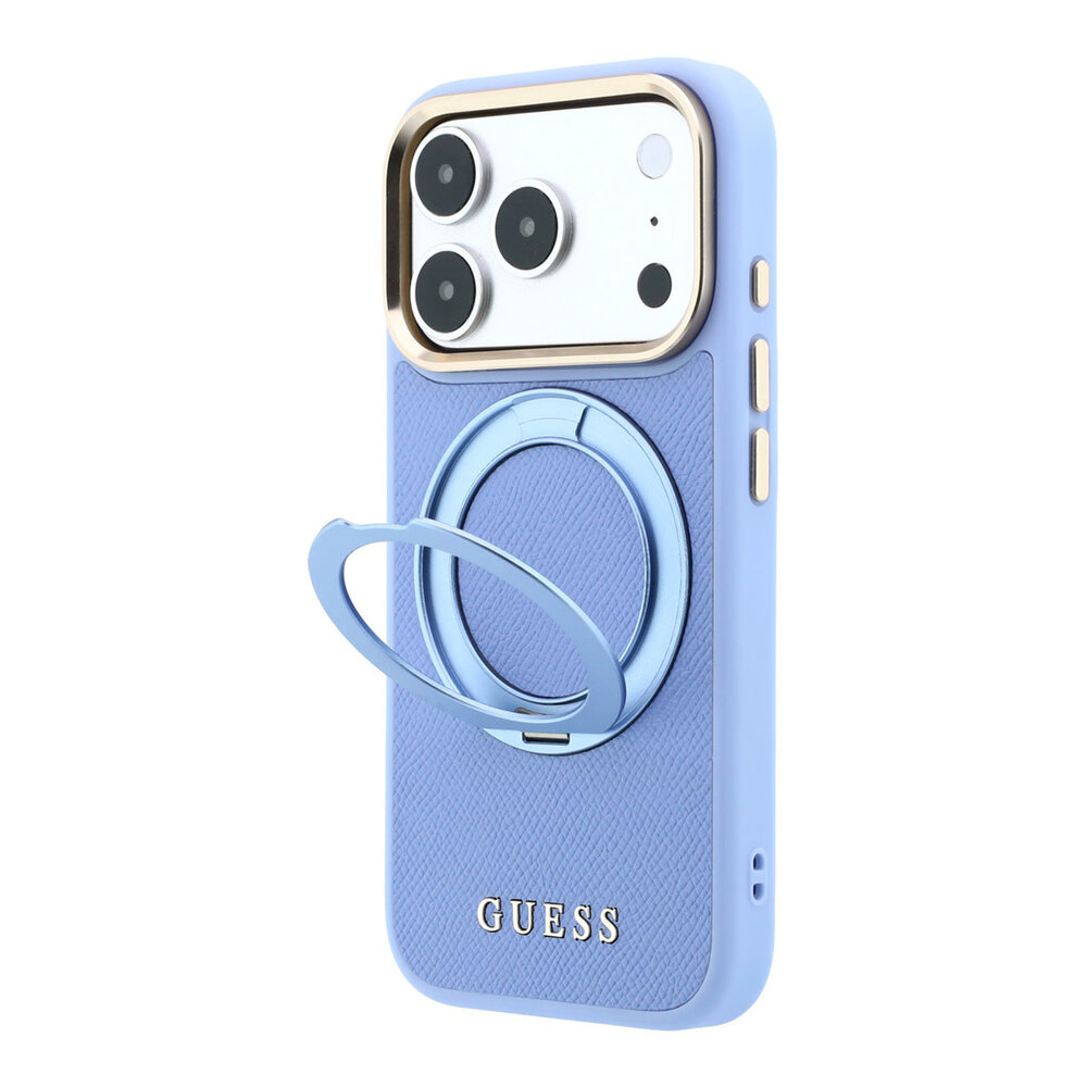 Guess Guess iPhone 18 Pro Coque structure rigide - MagSafe - anneau support à 360 degrés - PU grainé - logo classique Bleu clair