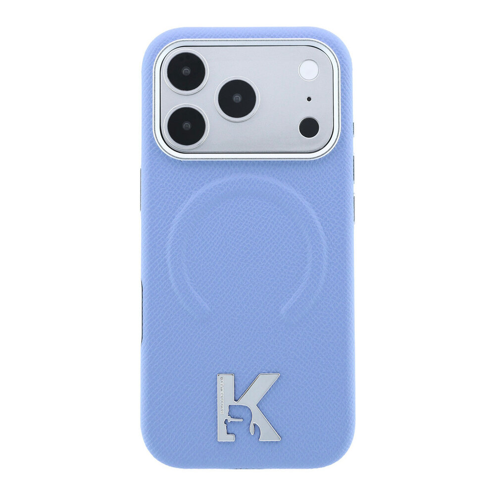 Karl Lagerfeld Karl iPhone 18 Pro Hoesje harde behuizing - MagSafe - SW - generfd PU - ring in reliëf - Kameo-logo Lichtblauw