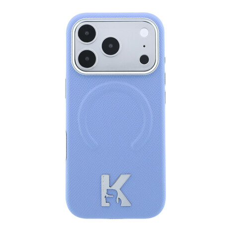 Karl Lagerfeld Karl iPhone 18 Pro Case hard shell - MagSafe - SW - grained PU - embossed ring - Kameo logo Light blue